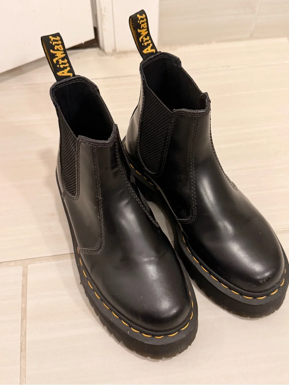 Dr. Martens Black Leather Chelsea Boots with Yellow Stitching